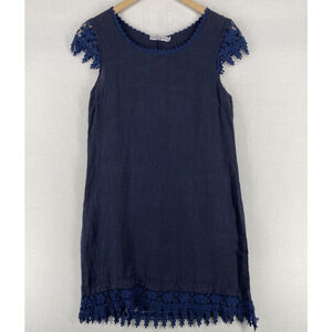 MARTINA INNOCENTI Dress S Linen Shift Crochet Lace Trim Cap Sleeve Blue Italy